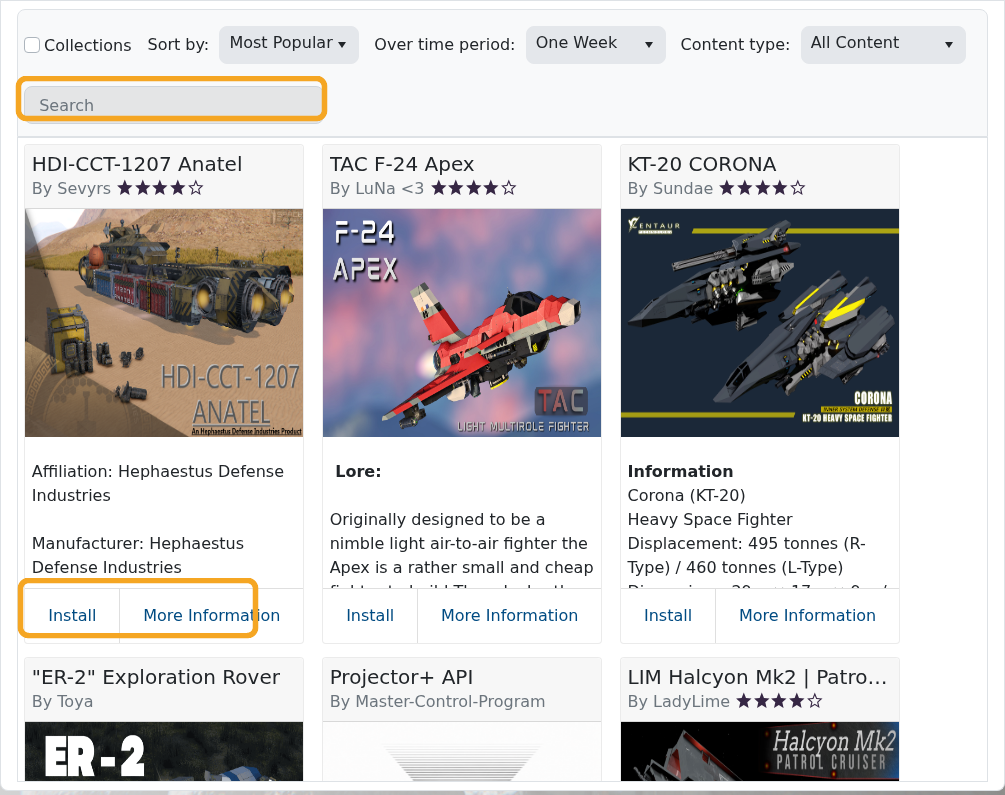 Space Engineers Steam Workshop page showing search and install buttons