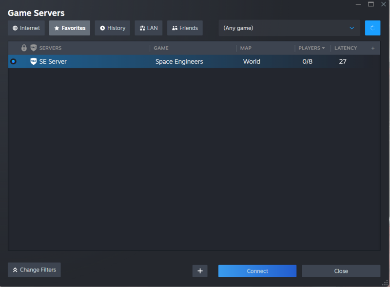 Steam Game Servers Favorites list showing an added server