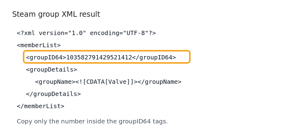 Steam group XML showing groupID64