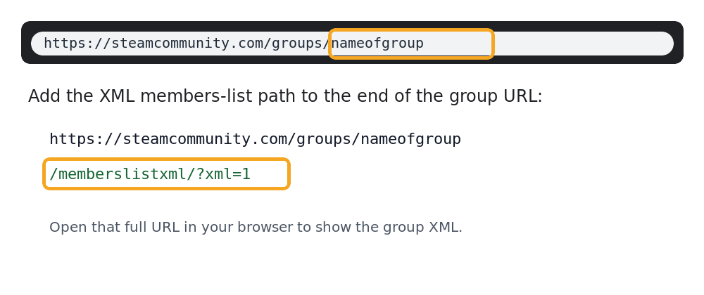 Steam group URL with memberslistxml XML path