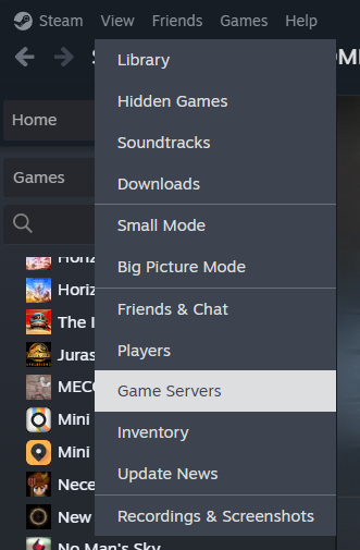 Steam View menu with Game Servers selected