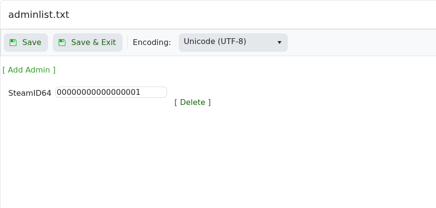 Valheim adminlist.txt Config Editor showing SteamID64 admin field
