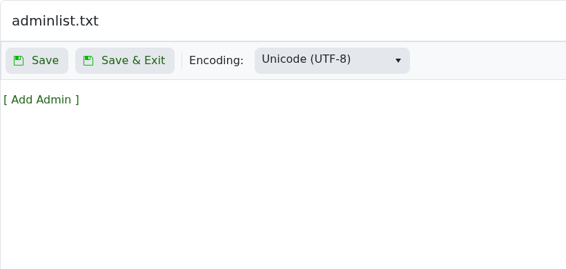 Valheim adminlist.txt Config Editor showing Add Admin