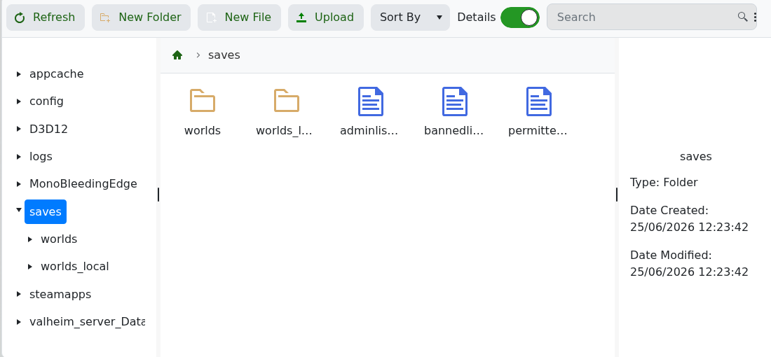 Valheim File Manager showing the saves folder
