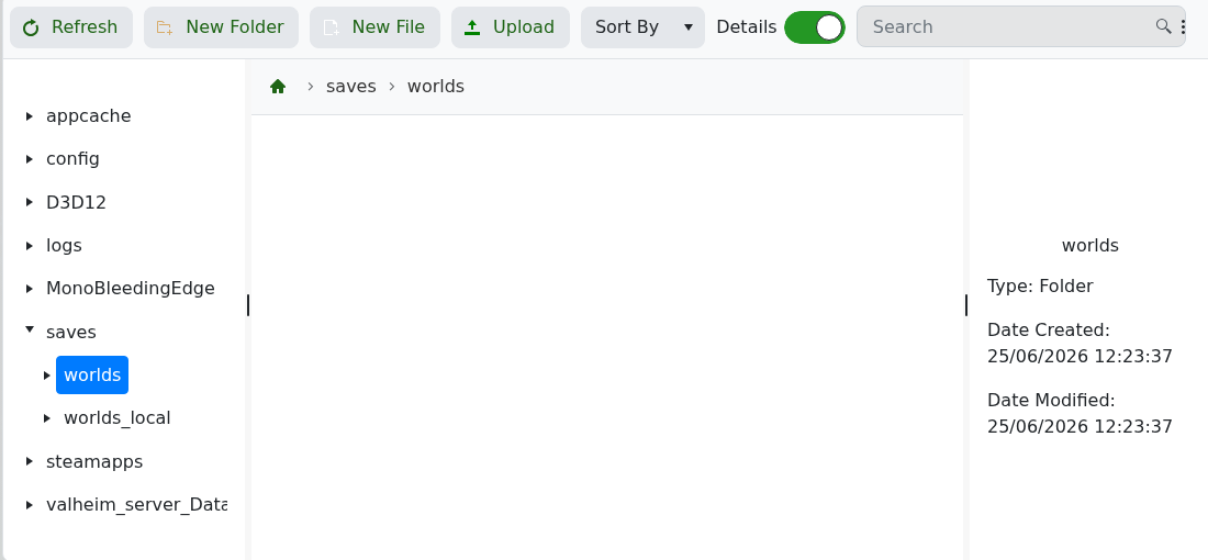 Valheim File Manager showing the saves worlds folder