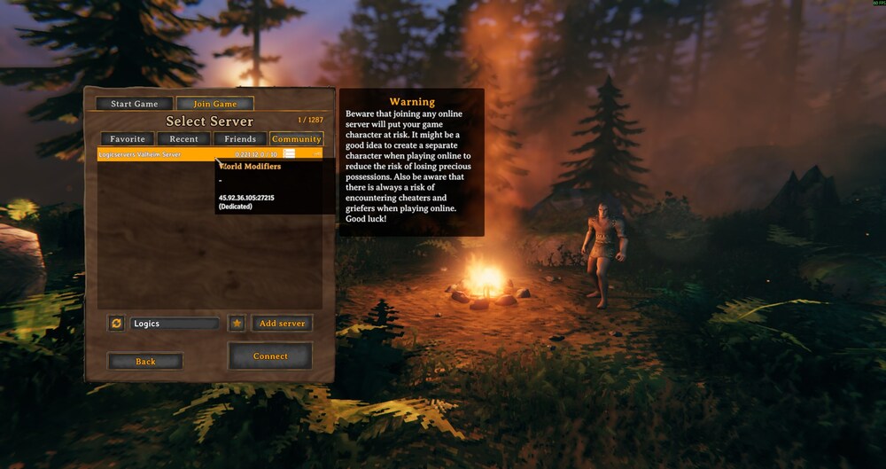 Valheim server browser showing the server result