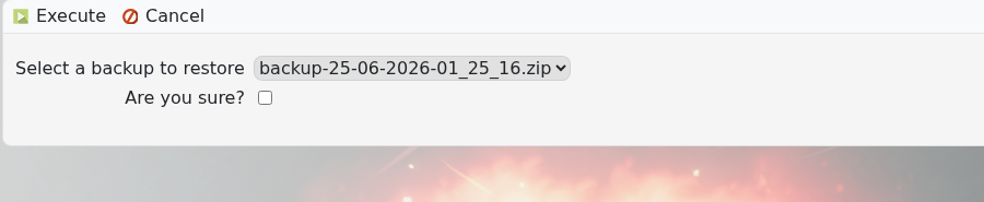 Valheim Restore Backup form showing backup dropdown