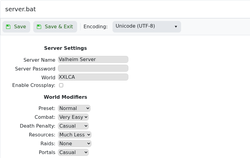 Valheim server.bat Config Editor showing the crossplay setting