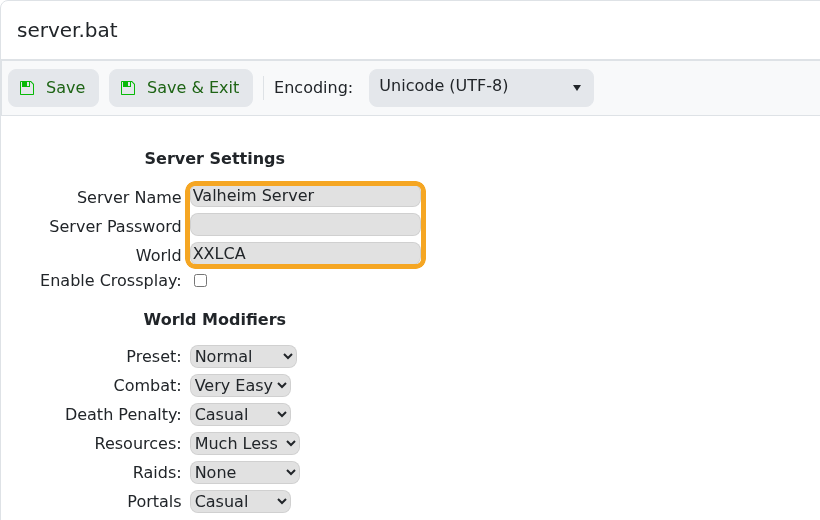 Valheim server.bat Config Editor showing World field