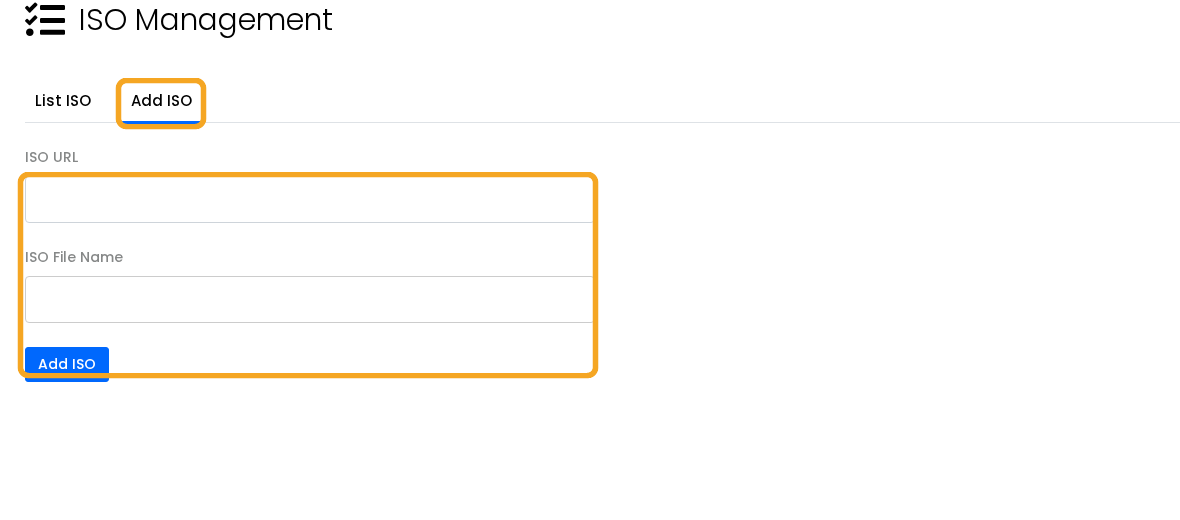 VPS ISO Management Add ISO form