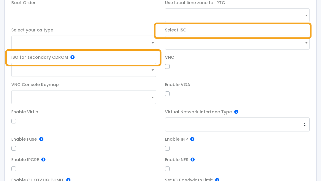 VPS Configuration ISO selection fields