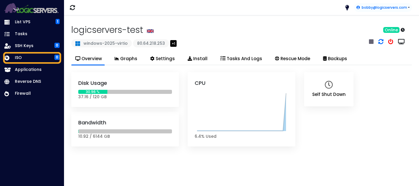 VPS panel ISO menu in the left sidebar