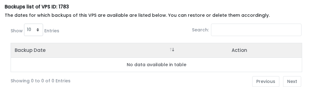 VPS Backups list showing backup date and action columns
