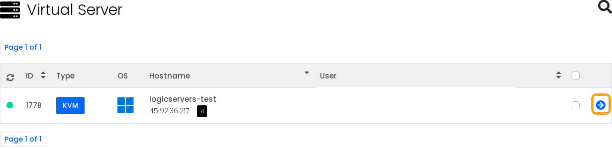 VPS panel list showing the button used to open a VPS