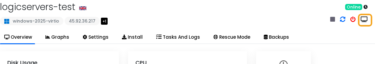 VPS overview page showing the console icon