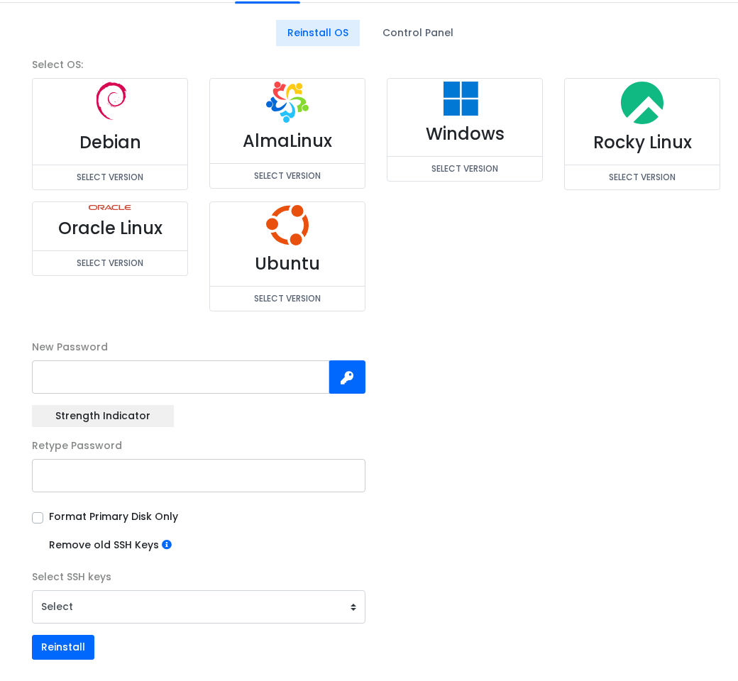 VPS panel Reinstall OS form showing OS, password, SSH key, and reinstall options
