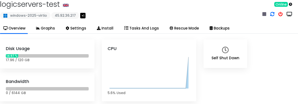 VPS overview showing disk usage bandwidth and CPU
