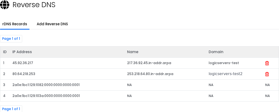 VPS panel Reverse DNS page showing editable rDNS records