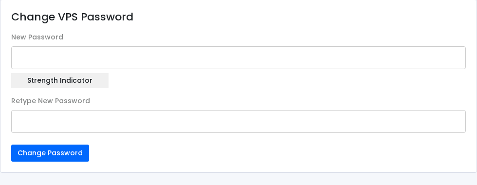 VPS panel Change Password form for a Windows VPS