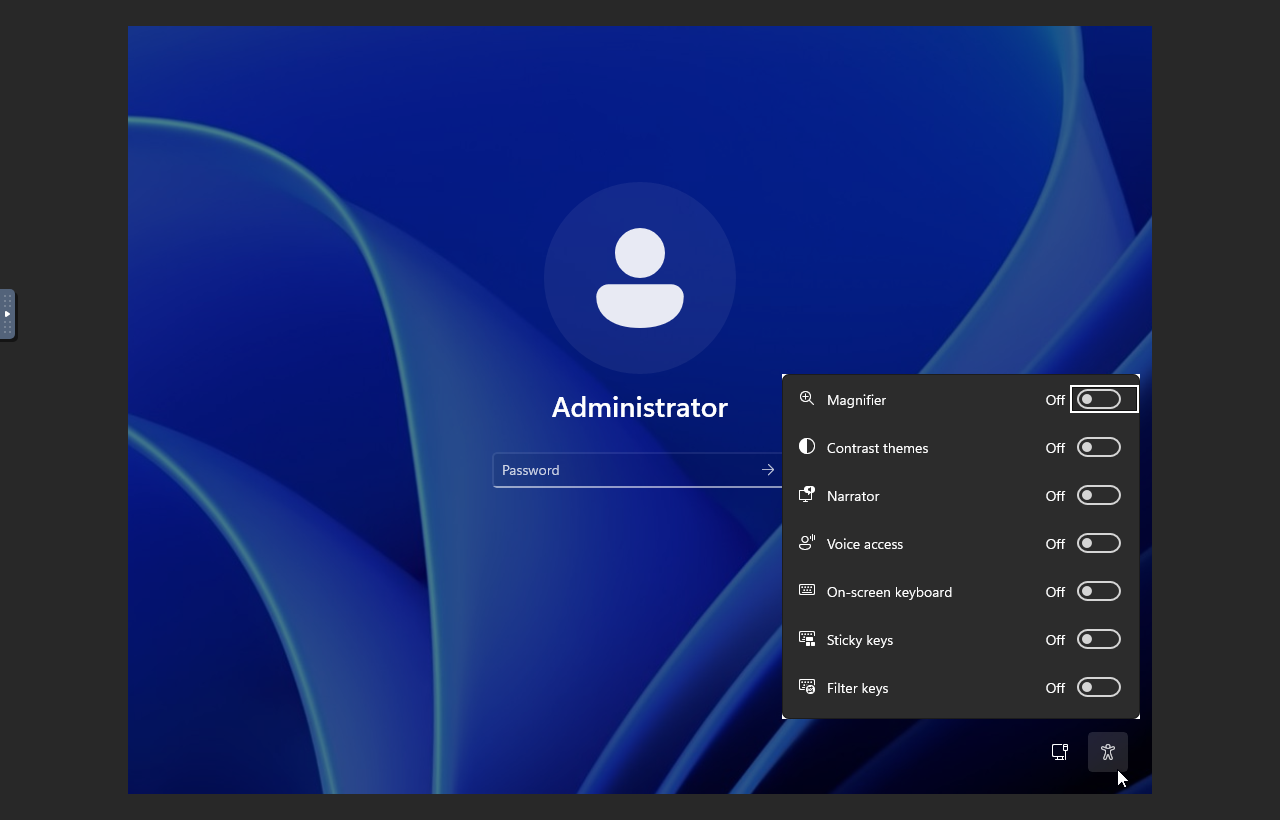 Windows VPS login screen showing the accessibility icon and menu location