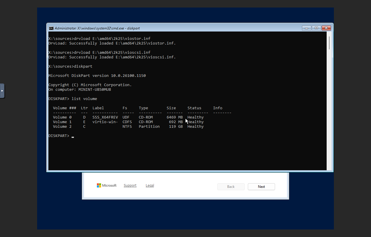 Windows recovery Command Prompt showing VirtIO drivers loaded and the Windows disk visible as C