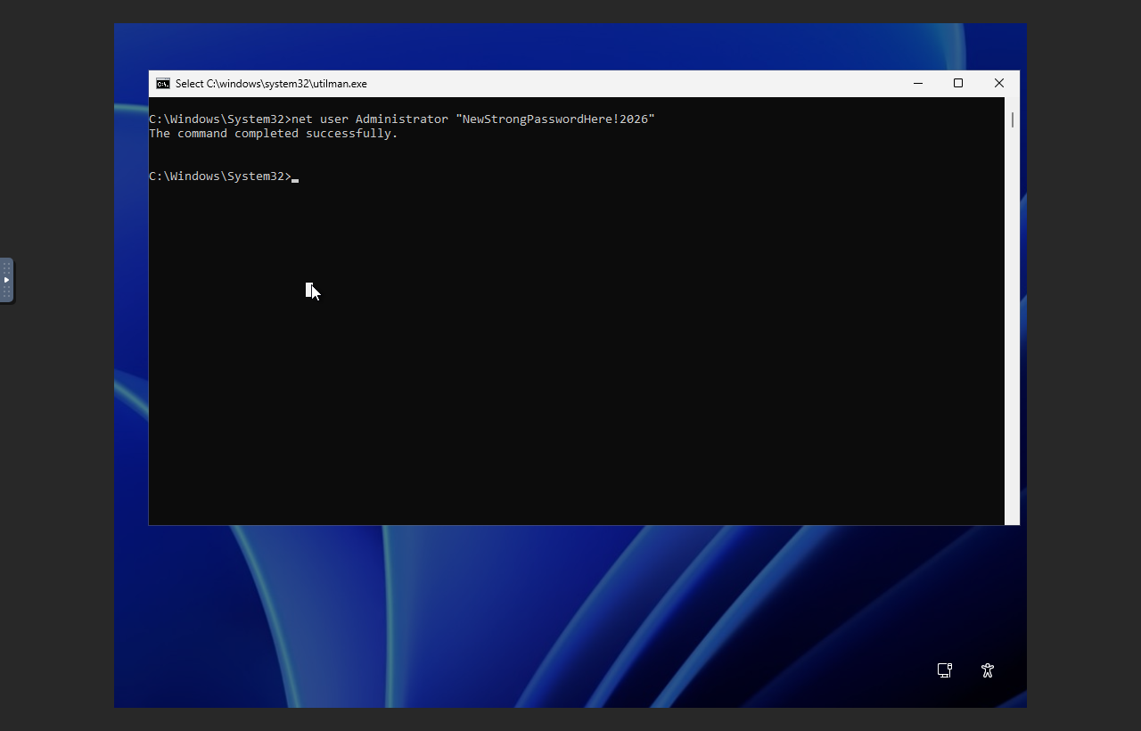 Windows login screen Command Prompt showing net user password reset completed successfully