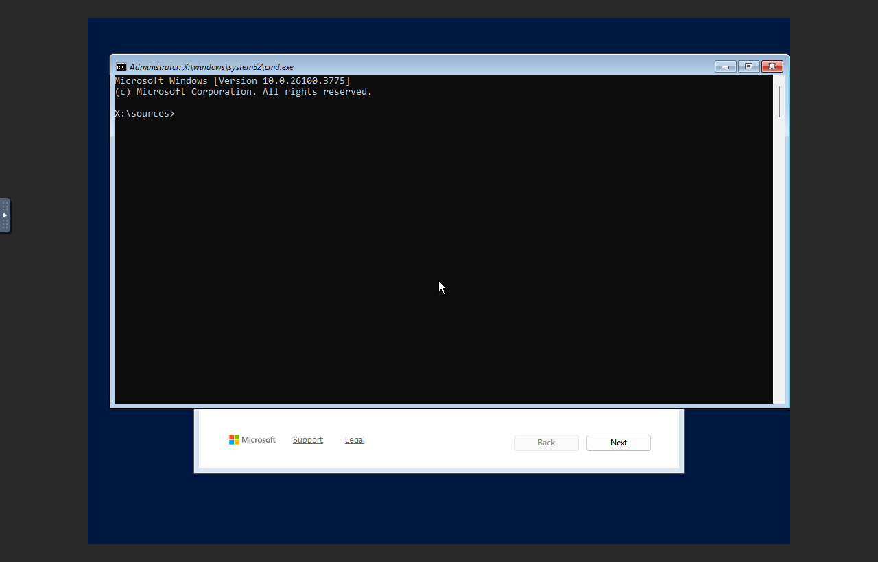 Windows Server recovery Command Prompt opened with Shift F10