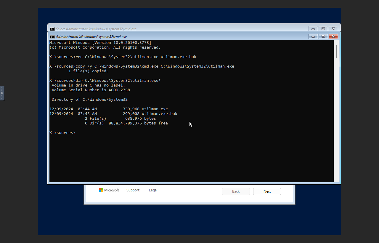 Windows recovery Command Prompt showing utilman backed up and cmd copied over utilman