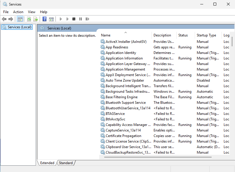 Windows VPS Services console showing the services list