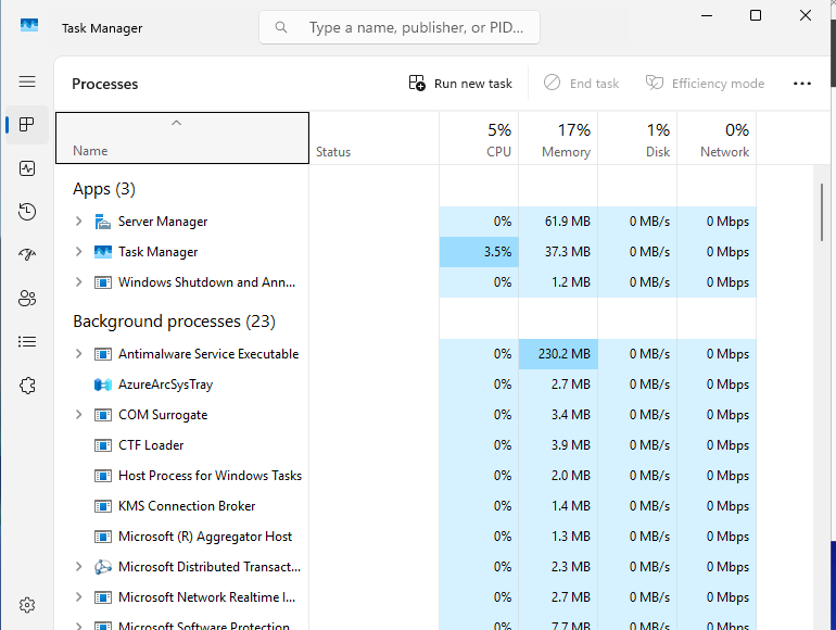Windows VPS Task Manager showing CPU memory disk and network usage