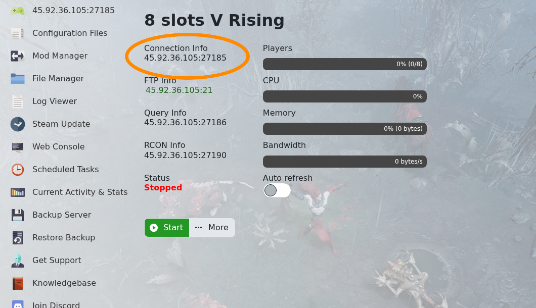 V Rising control panel showing Connection Info