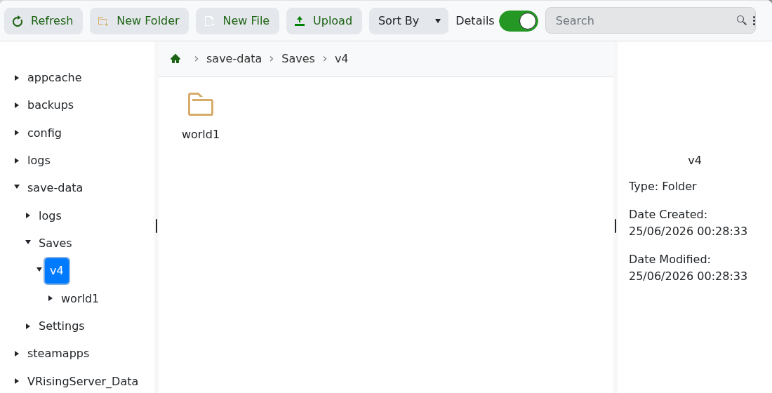 V Rising File Manager showing save-data Saves v4