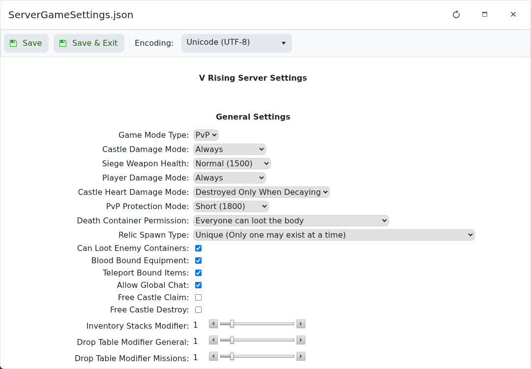 V Rising Game Settings Config Editor