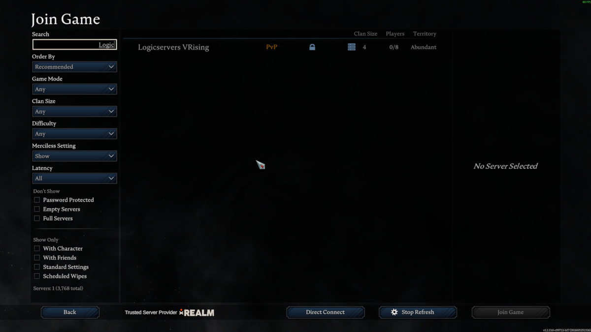 V Rising server browser filtered to a LogicServers server
