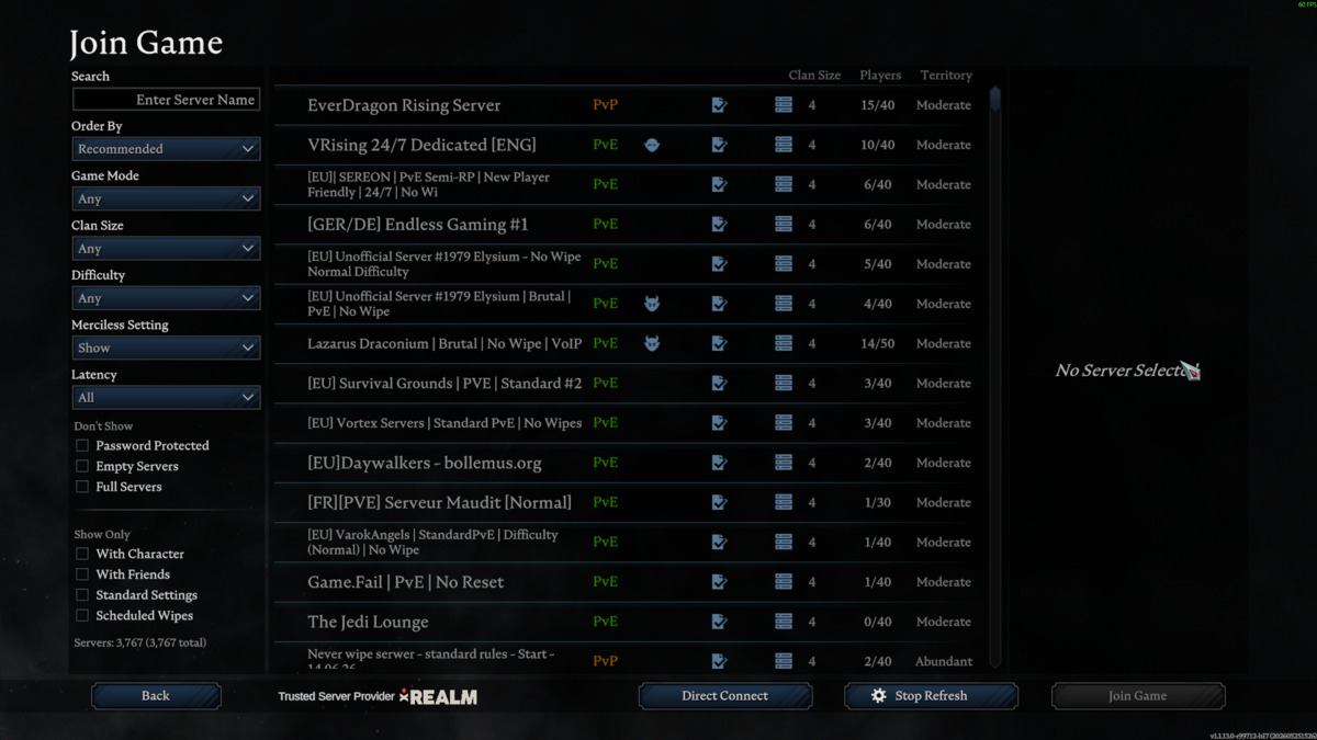 V Rising Join Game server browser