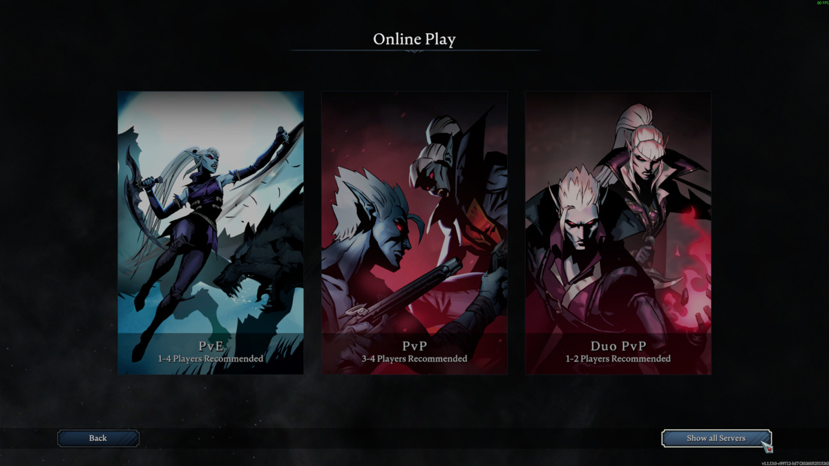 V Rising Online Play screen showing Show all Servers