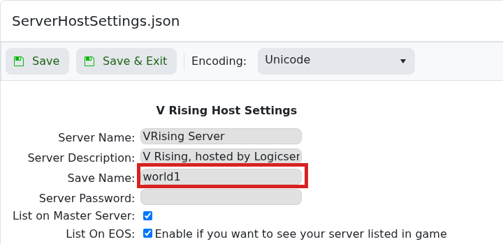 V Rising Host Settings showing Save Name