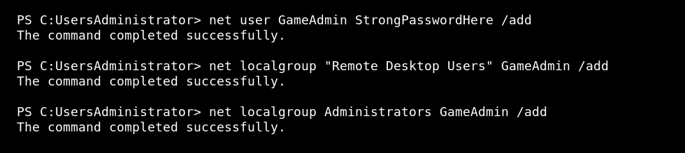 Windows VPS PowerShell showing a new user added to Remote Desktop Users and Administrators