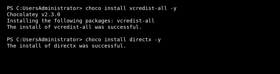 Windows VPS PowerShell showing Chocolatey installing Visual C++ Redistributables and DirectX