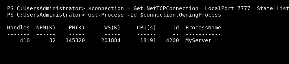 Windows VPS PowerShell showing the process using a listening port