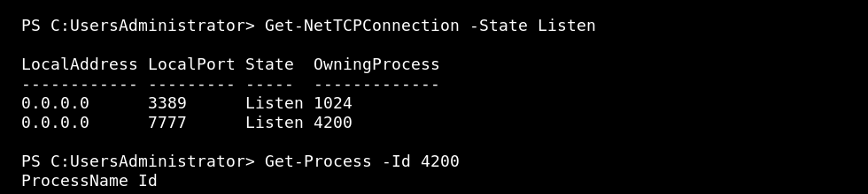 Windows VPS PowerShell showing listening ports and owning process