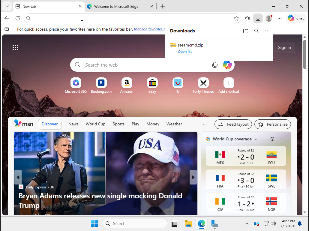 Microsoft Edge downloads panel showing steamcmd.zip downloaded