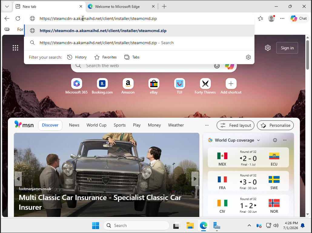 Microsoft Edge with the SteamCMD download URL entered