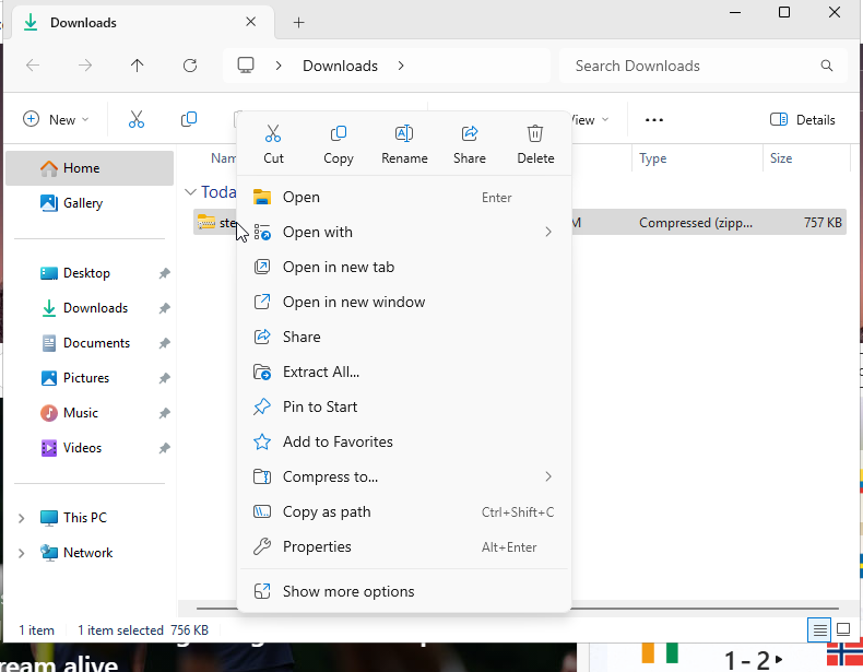 Windows File Explorer showing Extract All for steamcmd.zip