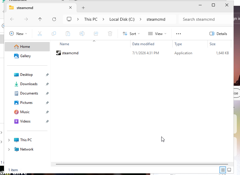 Windows File Explorer showing steamcmd.exe in C steamcmd