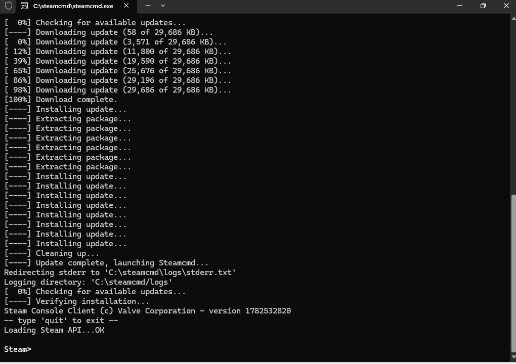 SteamCMD console updated and ready at the Steam prompt