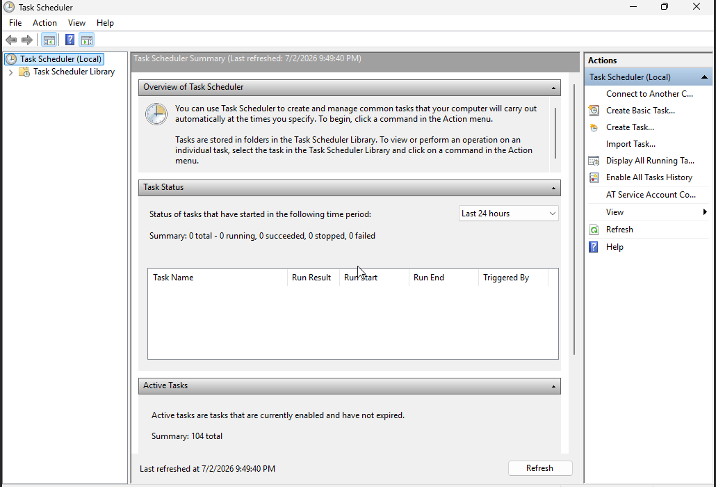 Windows VPS Task Scheduler main window showing Create Basic Task in the Actions panel