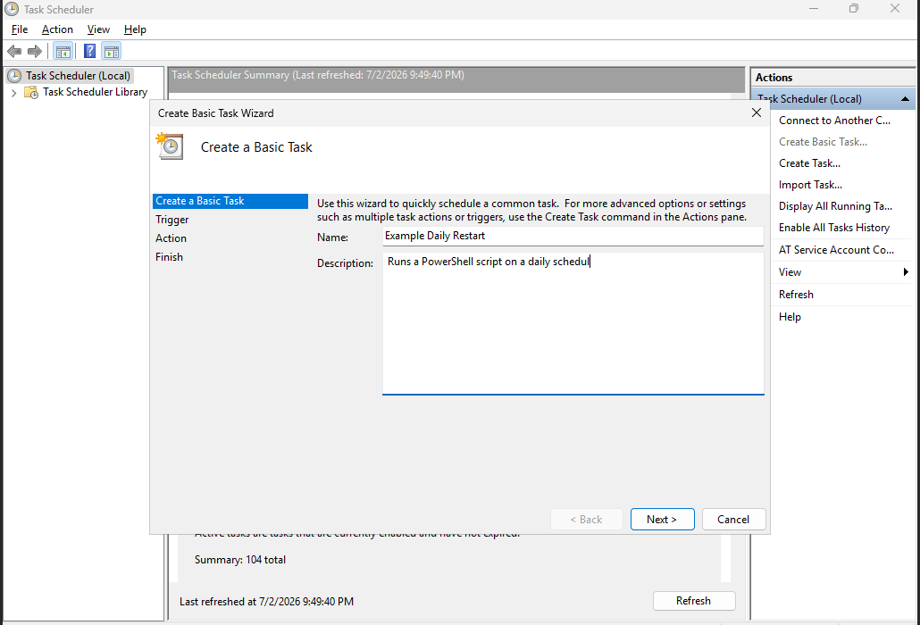 Windows VPS Create Basic Task wizard with task name and description entered