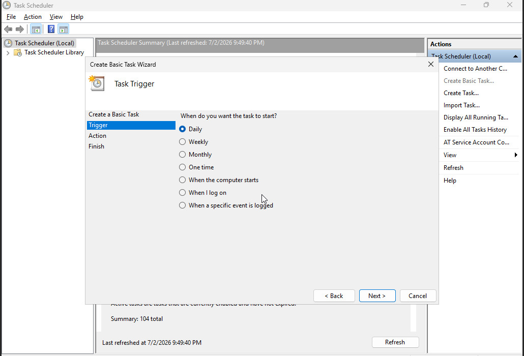 Windows VPS Create Basic Task wizard showing trigger options