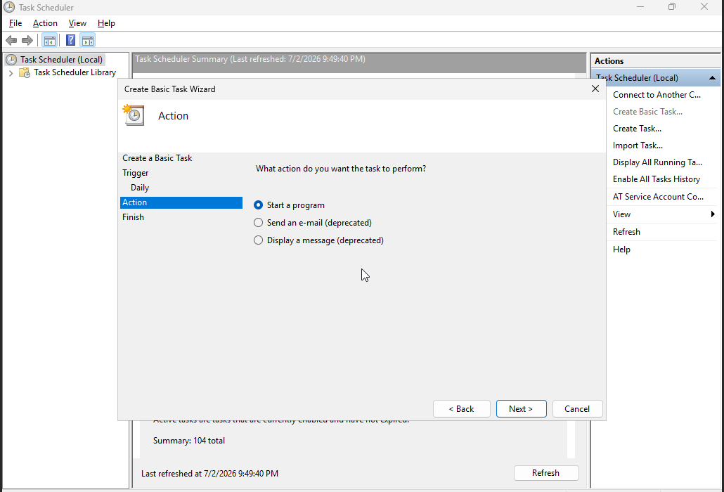 Windows VPS Create Basic Task wizard showing Start a program action